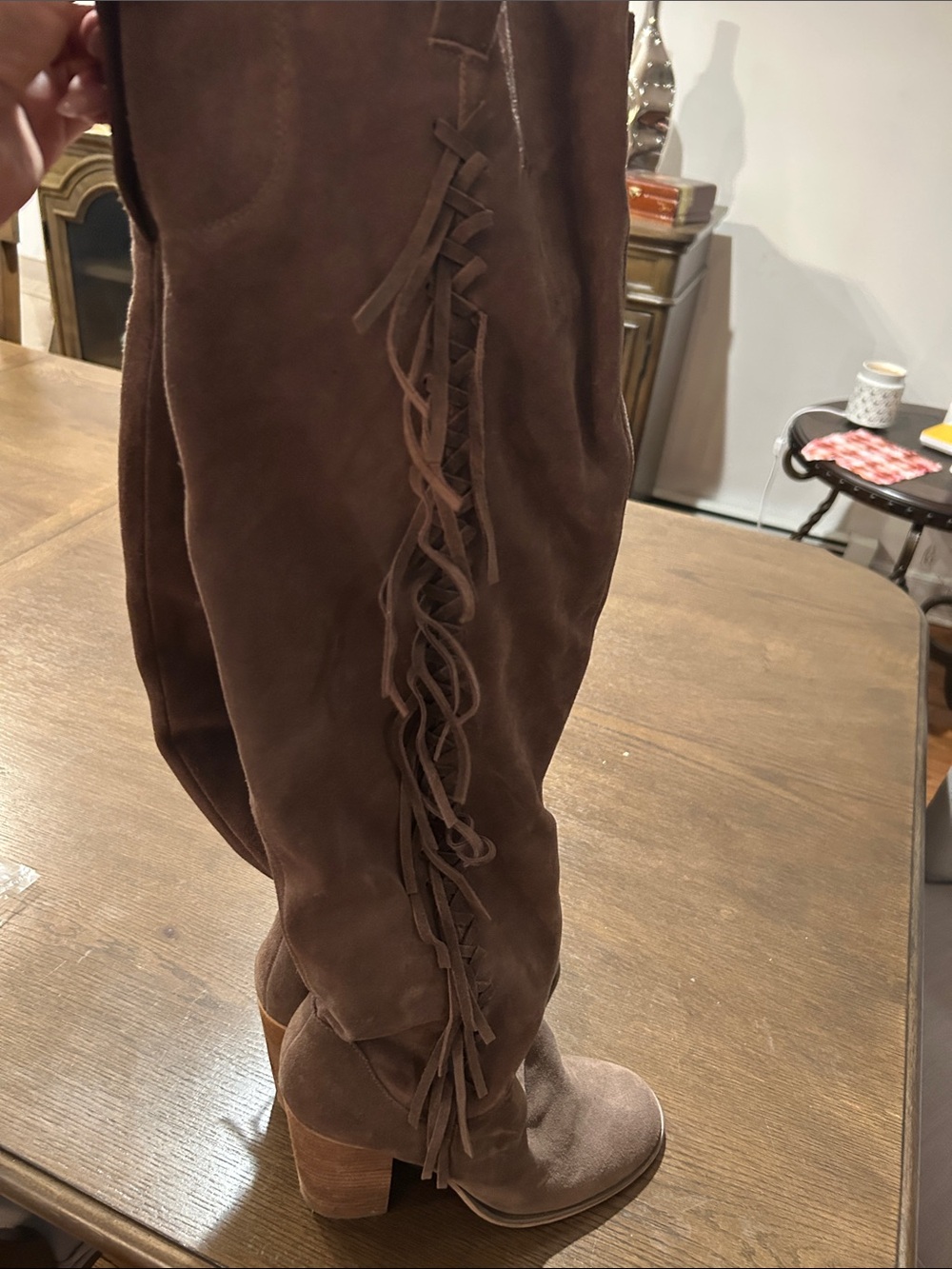 Carlos Santana Brown Suede Over-the-Knee Fringe Boots